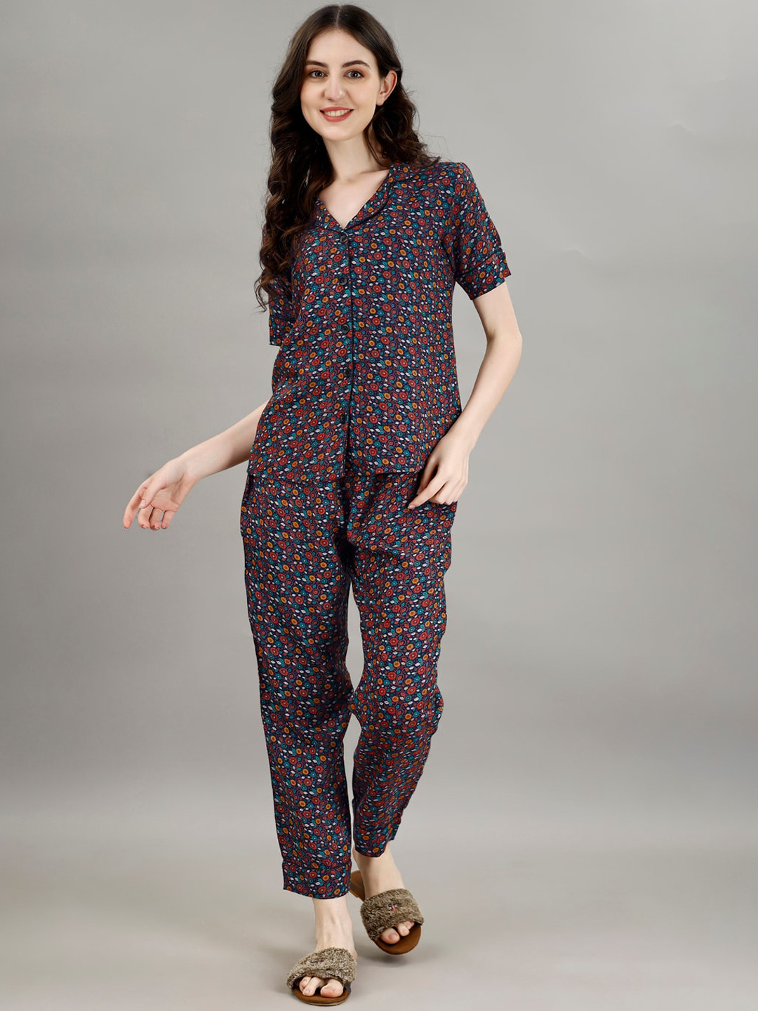 Smarty Pants Floral Printed Pure Cotton Night suit, Navy blue 
Smarty Pants Floral Printed Pure Cotton Night suit, Navy blue