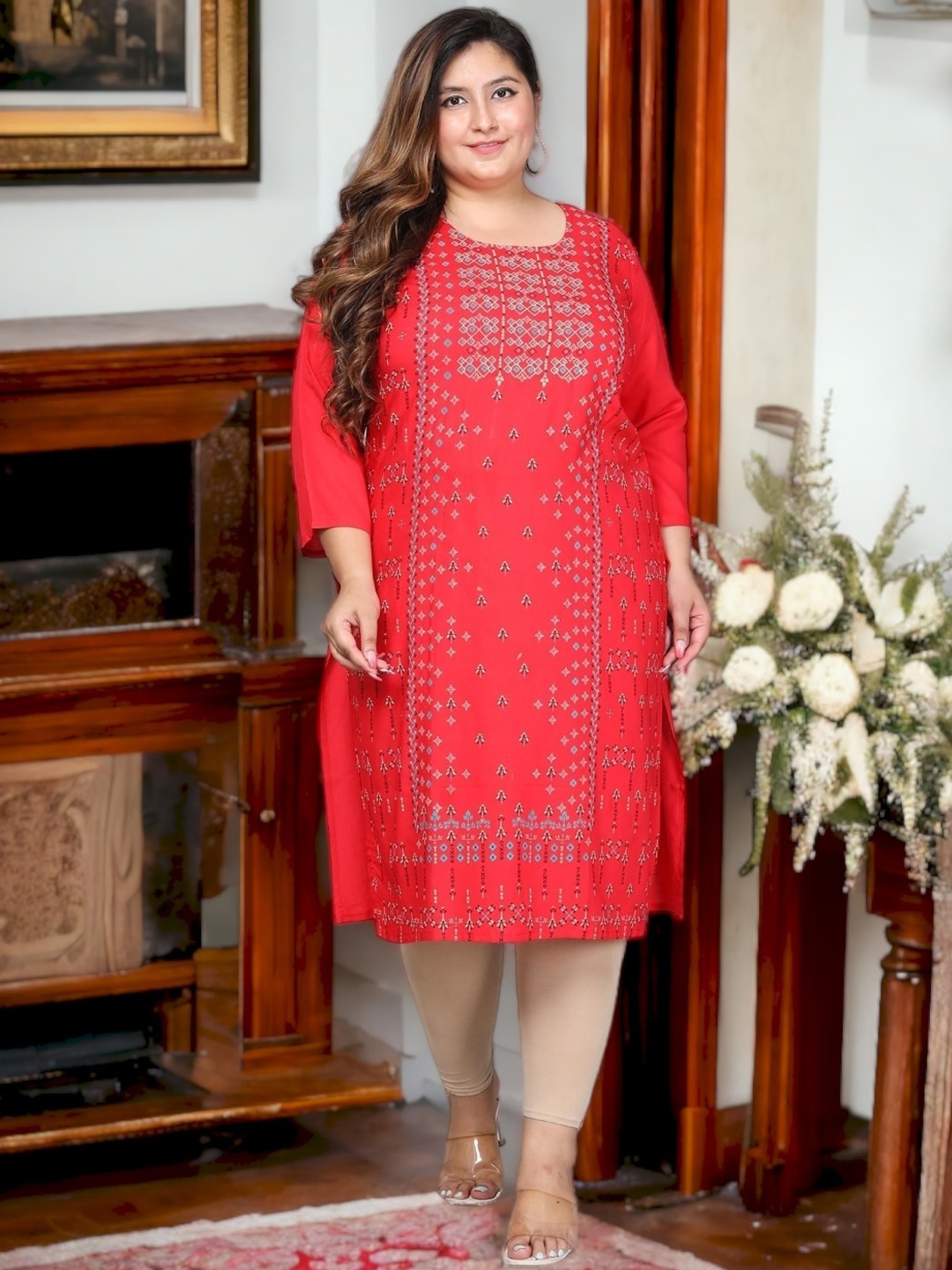 Jevi Prints Plus Size Round Neck Floral Printed Mirror Work Cotton Straight Kurta, Red
Jevi Prints Plus Size Round Neck Floral Printed Mirror Work Cotton Straight Kurta, Red