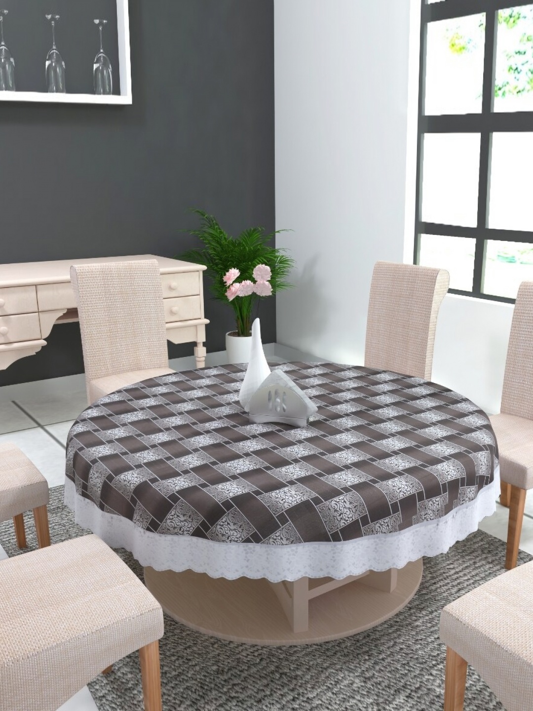TANLOOMS Grey & White Geometric Printed Water Proof Round Table Cover
