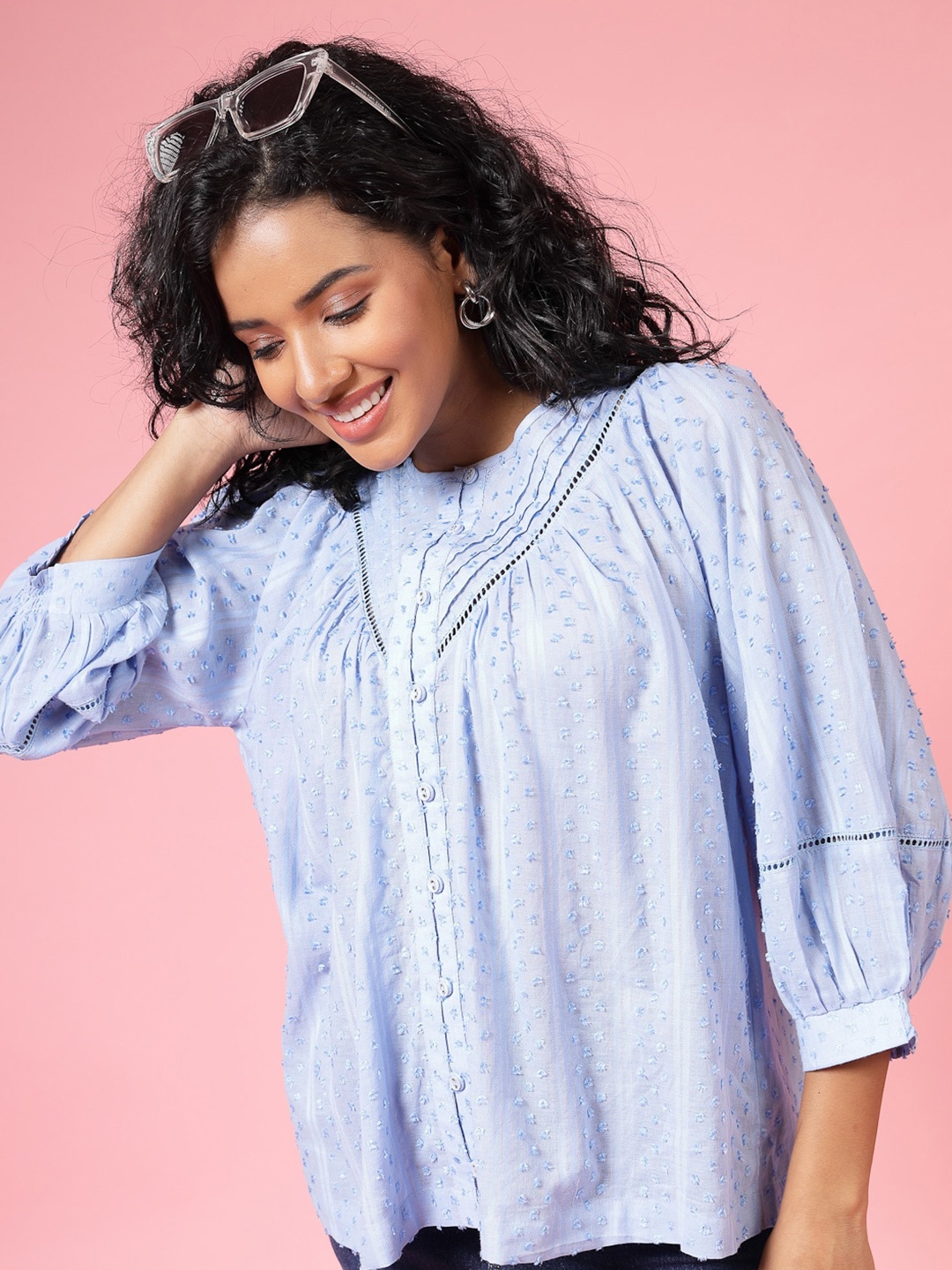 EVERYDAY by ANI Self Design Pleated Band Collar Pure Cotton Semi Sheer Shirt Style Top, Blue
EVERYDAY by ANI Self Design Pleated Band Collar Pure Cotton Semi Sheer Shirt Style Top, Blue