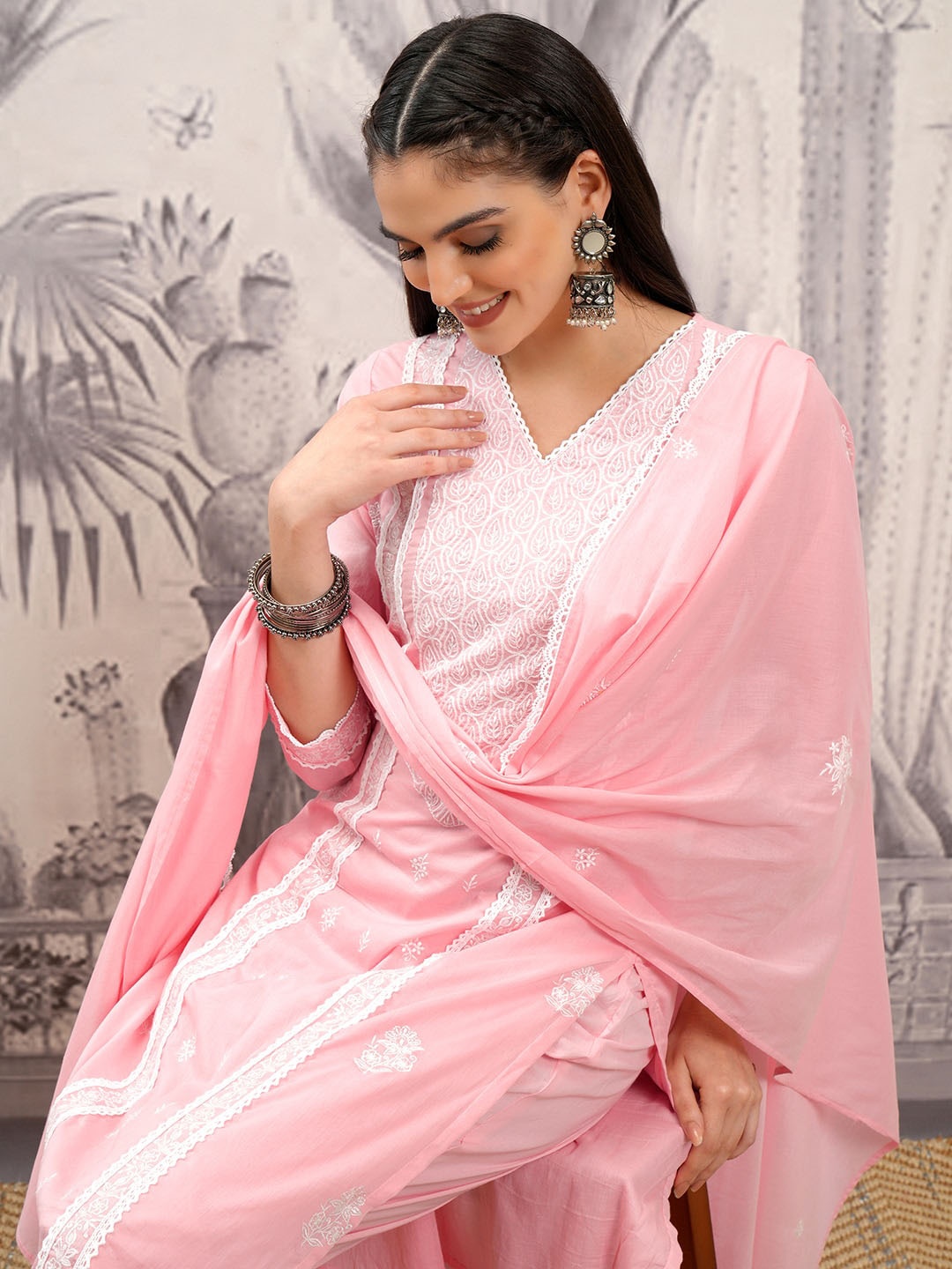 Vishudh Ethnic Motifs Embroidered Thread Work Pure Cotton Kurta with Trousers & Dupatta, Pink
Vishudh Ethnic Motifs Embroidered Thread Work Pure Cotton Kurta with Trousers & Dupatta, Pink