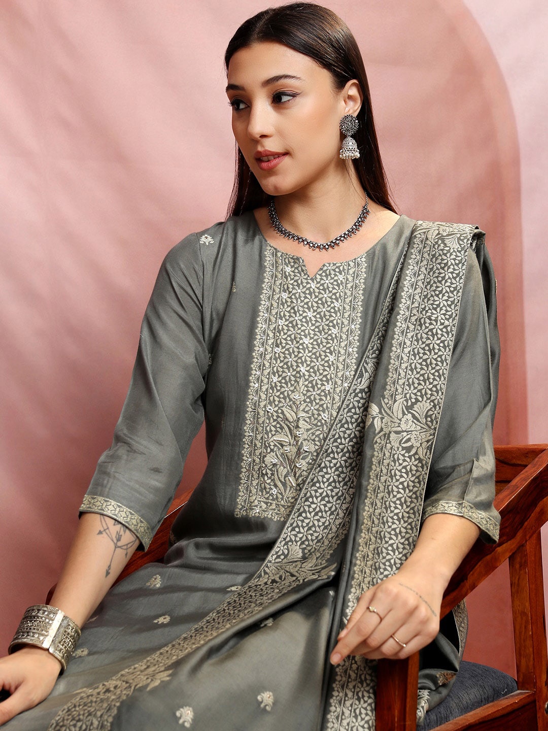 Vishudh Ethnic Motifs Embroidered Straight Pure Cotton Kurta & Trousers With Dupatta, Grey
Vishudh Ethnic Motifs Embroidered Straight Pure Cotton Kurta & Trousers With Dupatta, Grey