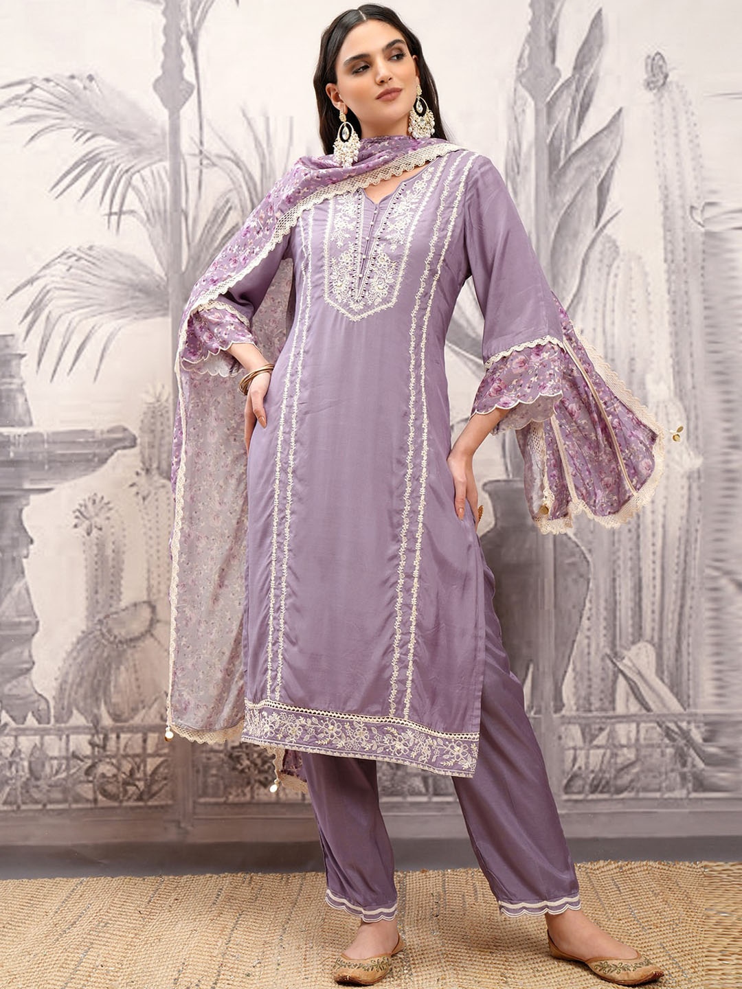 Vishudh Purple Embroidered Notch Neck Thread Work Straight Kurta With Trousers & Dupatta
Vishudh Purple Embroidered Notch Neck Thread Work Straight Kurta With Trousers & Dupatta