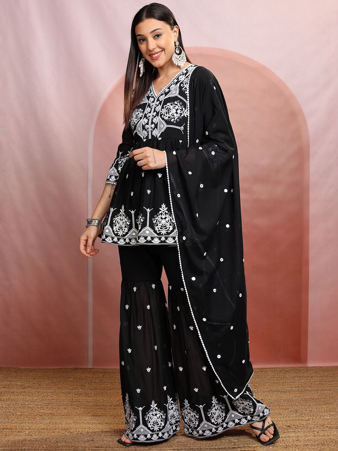 Vishudh Black Floral Embroidered Thread Work Pure Cotton Kurti with Sharara & Dupatta
Vishudh Black Floral Embroidered Thread Work Pure Cotton Kurti with Sharara & Dupatta