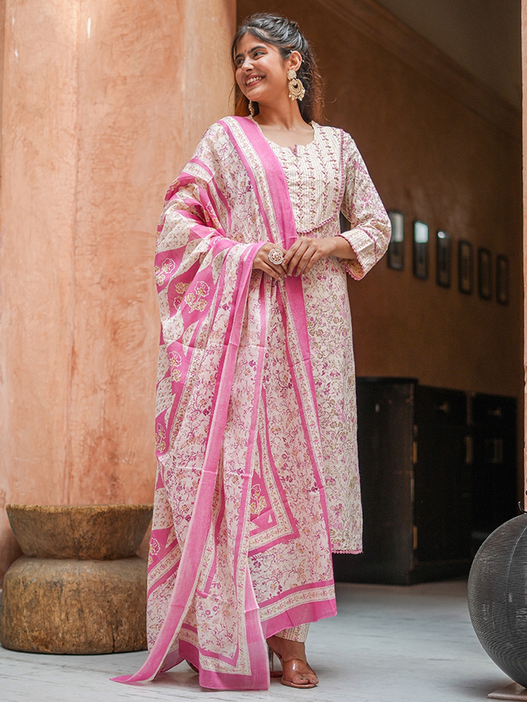 KALINI Floral Printed Thread Work Pure Cotton Straight Kurta With Trousers & Dupatta, Cream
KALINI Floral Printed Thread Work Pure Cotton Straight Kurta With Trousers & Dupatta, Cream