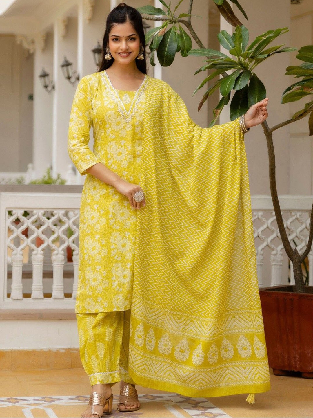 KALINI Floral Embroidered Aari Work Pure Cotton Straight Kurta With Trousers & Dupatta, Yellow
KALINI Floral Embroidered Aari Work Pure Cotton Straight Kurta With Trousers & Dupatta, Yellow