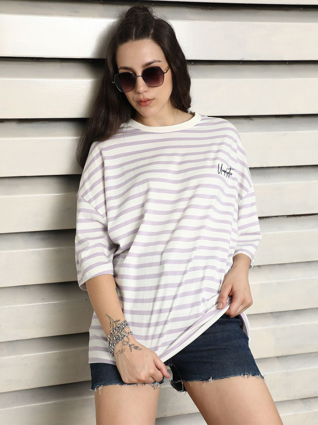 High Star Striped Round Neck Drop-Shoulder Sleeves Cotton Oversized T-shirt, Lavender
High Star Striped Round Neck Drop-Shoulder Sleeves Cotton Oversized T-shirt, Lavender