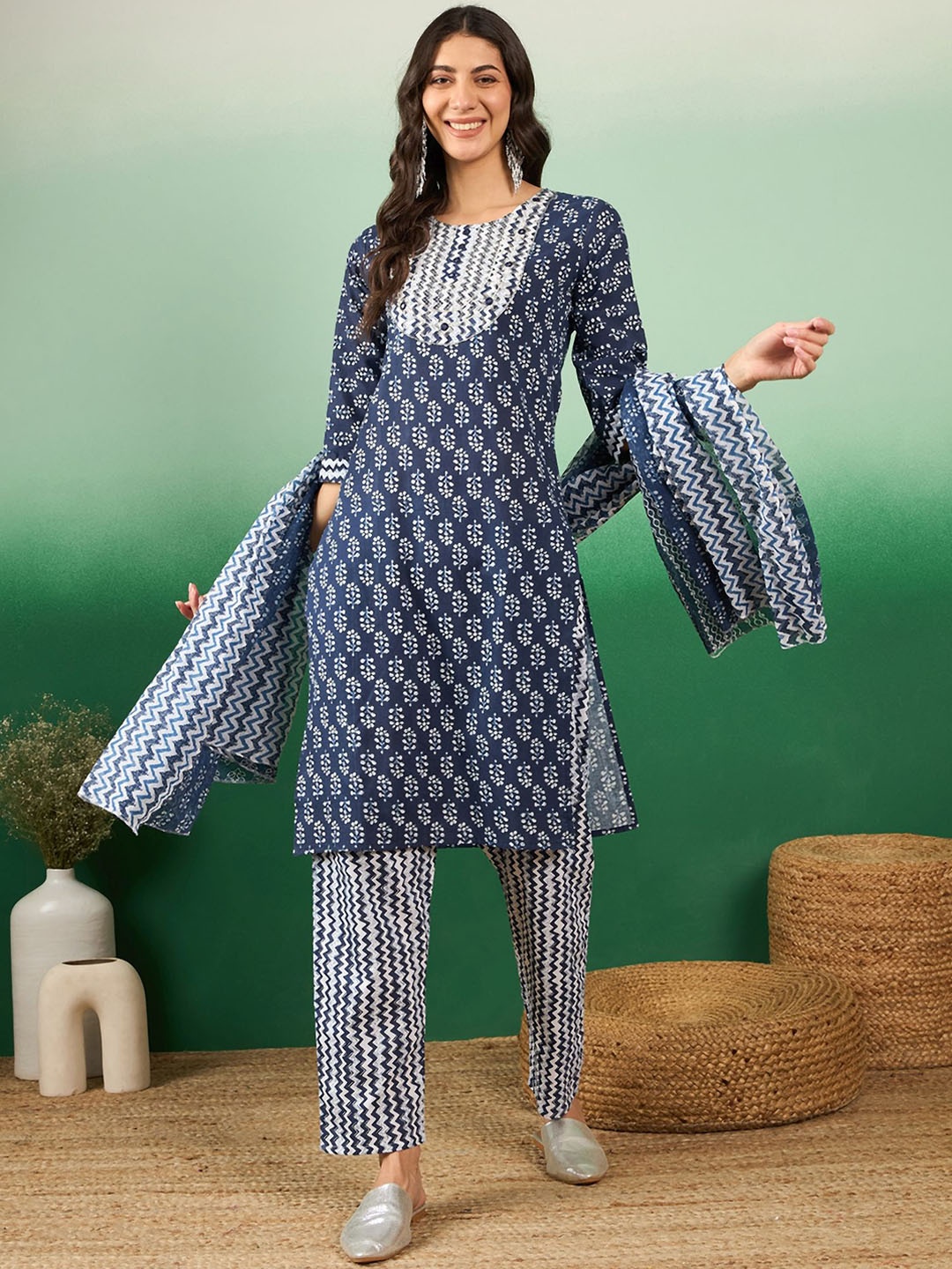KALINI Floral Printed Thread Work Pure Cotton Straight Kurta With Trousers & Dupatta, Navy blue
KALINI Floral Printed Thread Work Pure Cotton Straight Kurta With Trousers & Dupatta, Navy blue