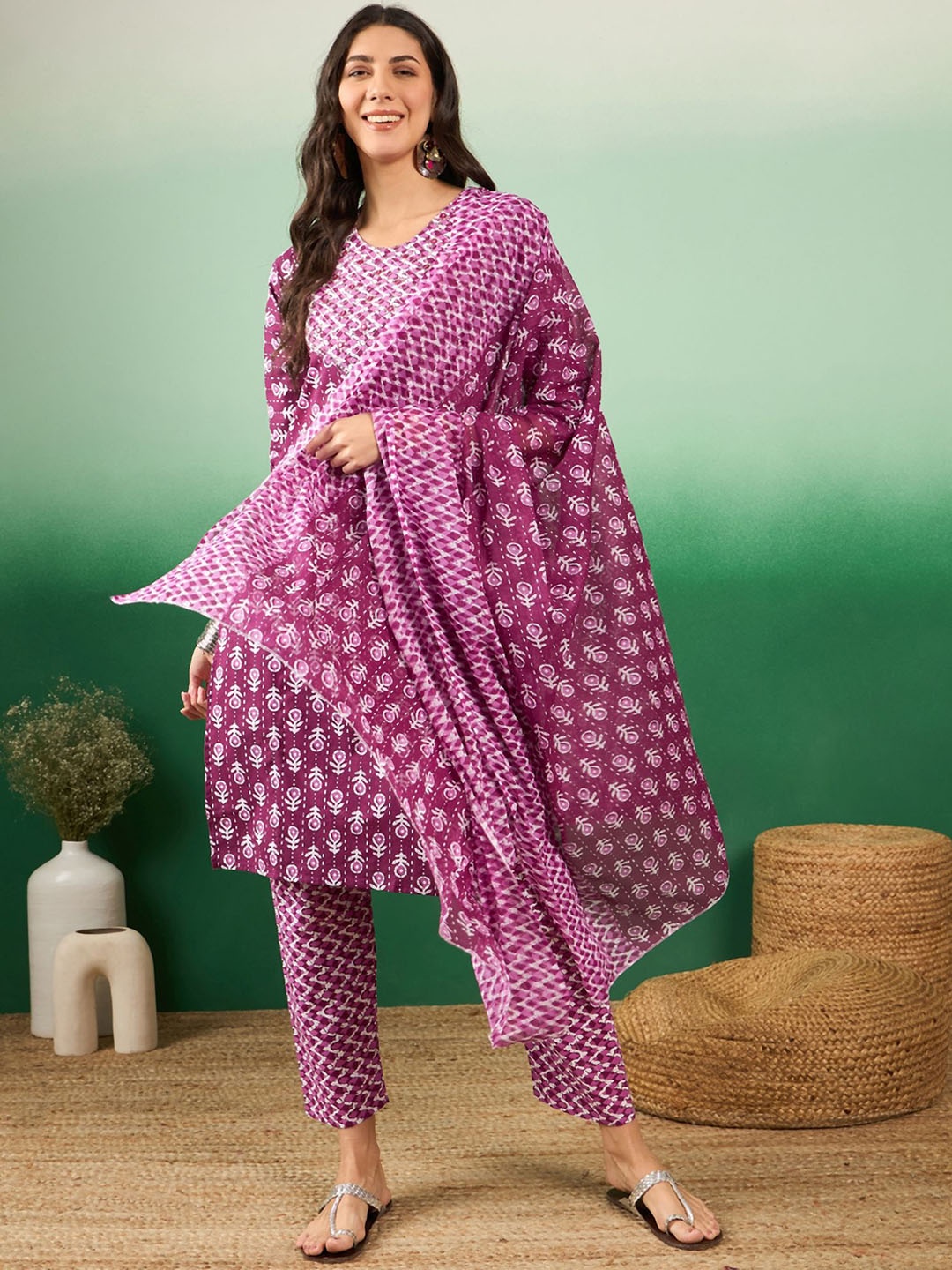 Vastramyaa Ethnic Motifs Printed Mirror Work Pure Cotton Kurta with Trousers & Dupatta, Purple
Vastramyaa Ethnic Motifs Printed Mirror Work Pure Cotton Kurta with Trousers & Dupatta, Purple
