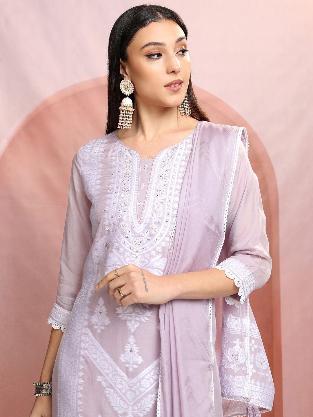 Vishudh Purple Floral Embroidered Mirror Work Straight Kurta With Trousers & Dupatta
Vishudh Purple Floral Embroidered Mirror Work Straight Kurta With Trousers & Dupatta