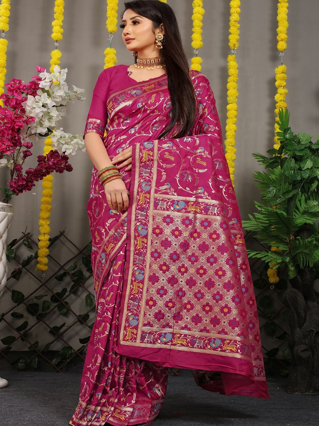 SGF11 Woven Design Zari Kanjeevaram Saree, Magenta