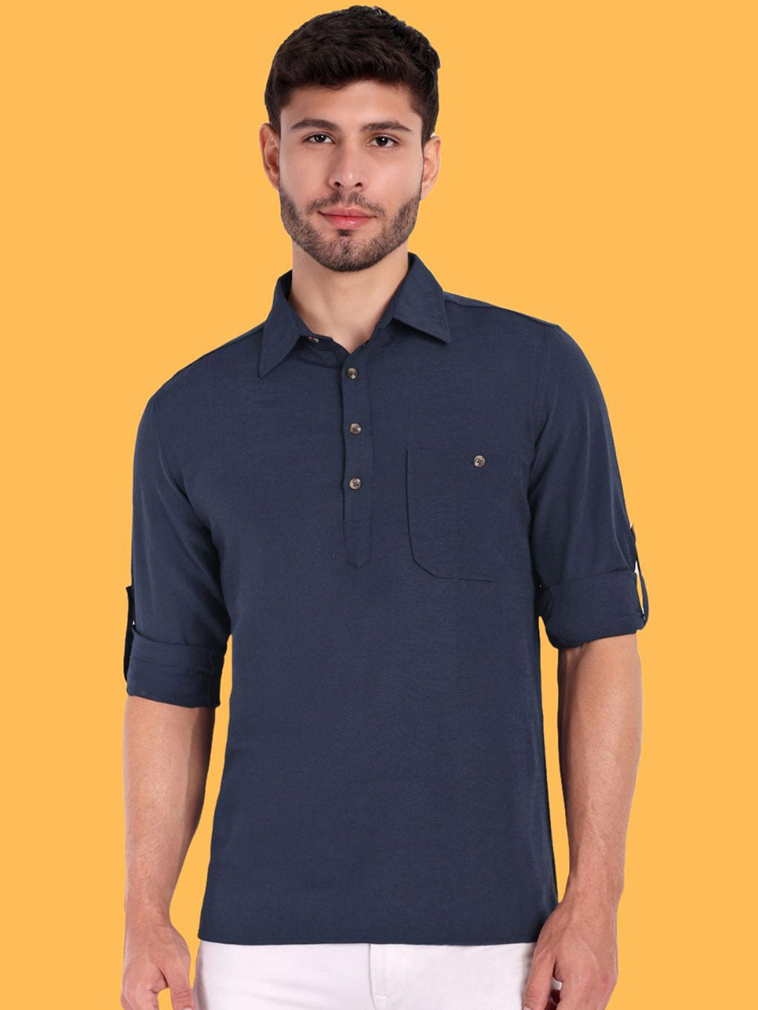 Springberry Shirt Collar Regular Fit Cotton Pathani Kurta, Navy blue 
Springberry Shirt Collar Regular Fit Cotton Pathani Kurta, Navy blue