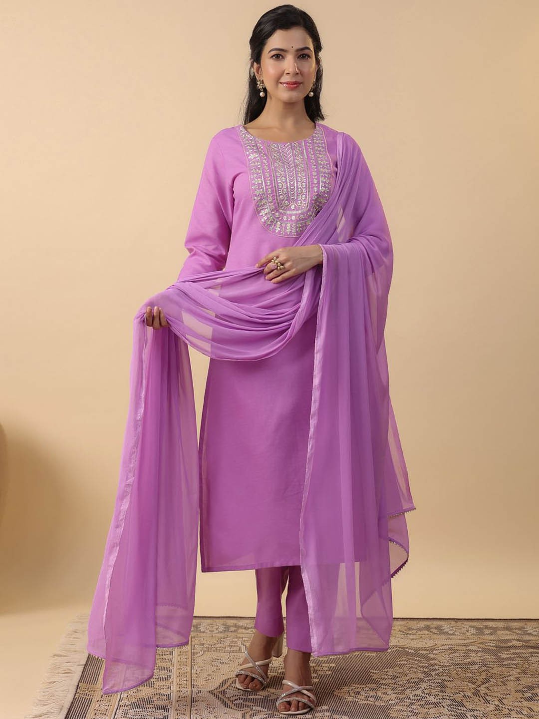 KALINI Floral Embroidered Regular Pure Cotton Straight Kurta With Trousers & Dupatta, Lavender
KALINI Floral Embroidered Regular Pure Cotton Straight Kurta With Trousers & Dupatta, Lavender