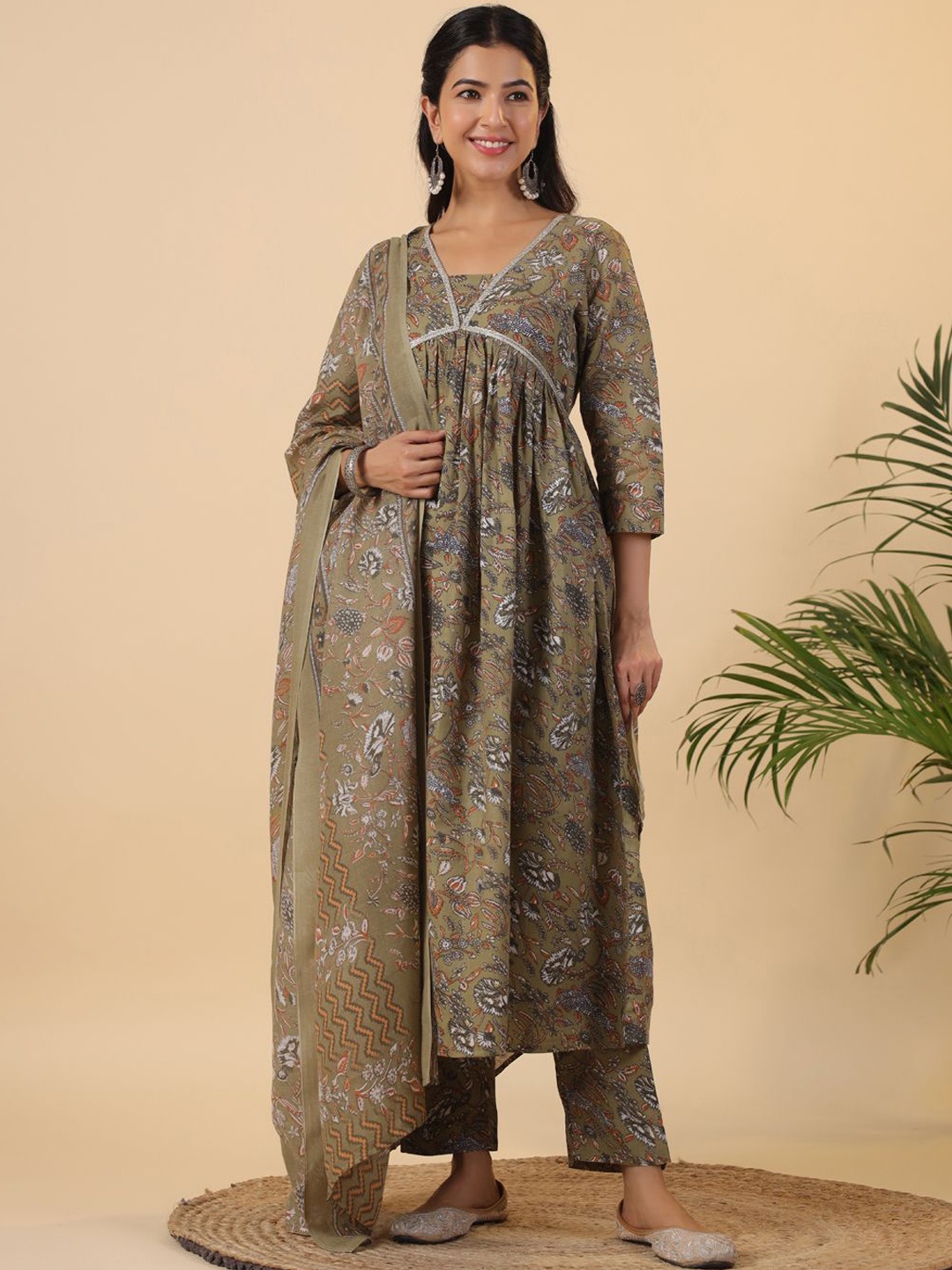 KALINI Floral Printed Regular Pure Cotton A-line Kurta With Trousers & Dupatta, Olive
KALINI Floral Printed Regular Pure Cotton A-line Kurta With Trousers & Dupatta, Olive