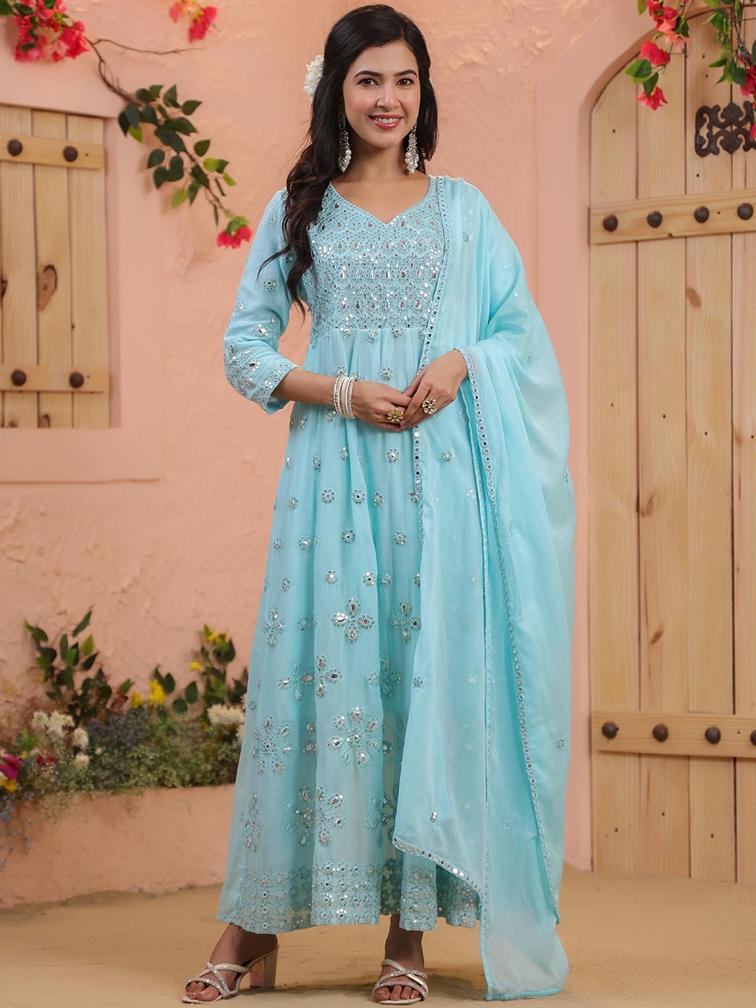 SCAKHI Embroidered Mirror Work Pure Cotton Anarkali Kurta & Trousers With Dupatta, Blue
SCAKHI Embroidered Mirror Work Pure Cotton Anarkali Kurta & Trousers With Dupatta, Blue