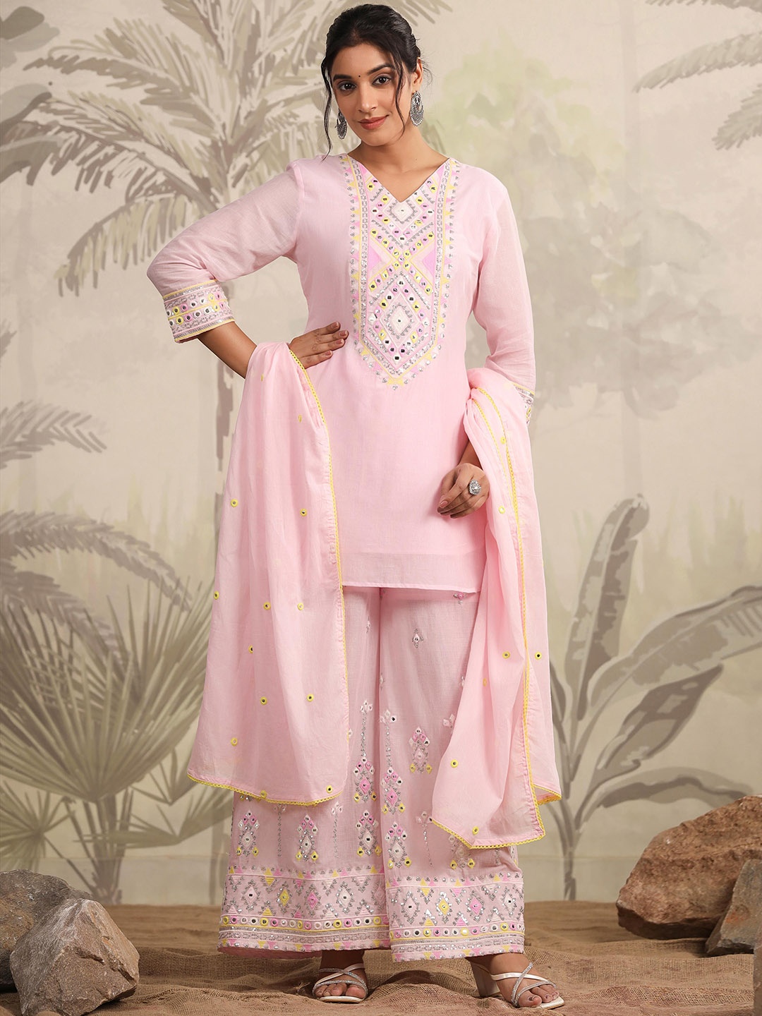 SCAKHI V Neck Sequined Embroidered Mirror Work Pure Cotton Kurta with Palazzo & Dupatta, Pink
SCAKHI V Neck Sequined Embroidered Mirror Work Pure Cotton Kurta with Palazzo & Dupatta, Pink