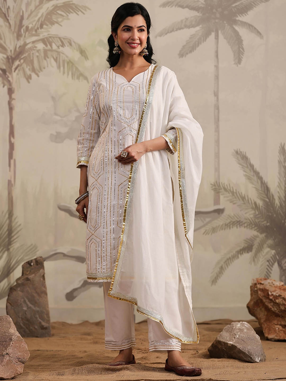 SCAKHI Notched Neck Embroidered Gotta Patti Pure Cotton Kurta with Trouser & Dupatta, White
SCAKHI Notched Neck Embroidered Gotta Patti Pure Cotton Kurta with Trouser & Dupatta, White