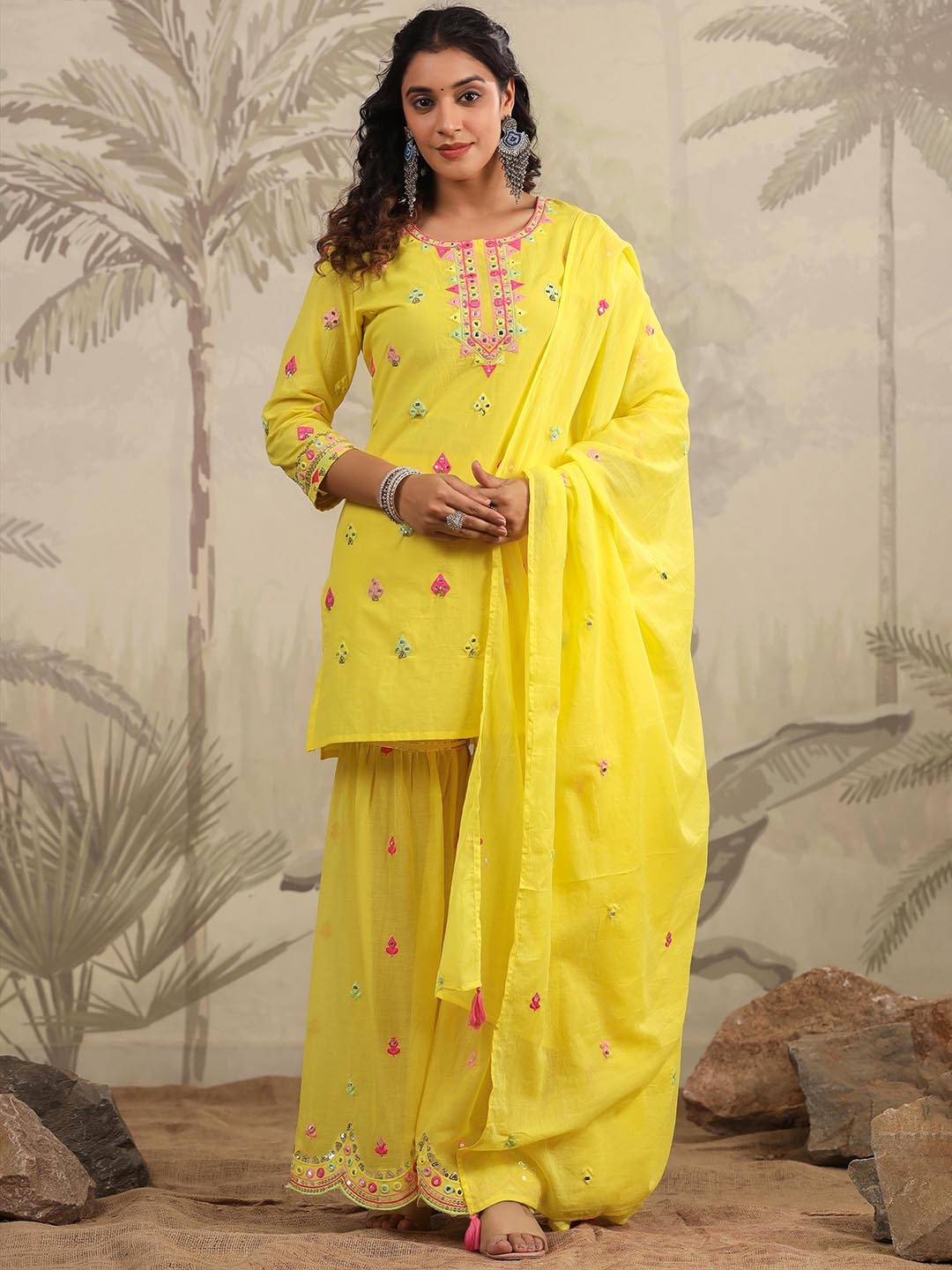 SCAKHI Floral Embroidered Regular Mirror Work Pure Cotton Kurti with Sharara & Dupatta, Yellow
SCAKHI Floral Embroidered Regular Mirror Work Pure Cotton Kurti with Sharara & Dupatta, Yellow