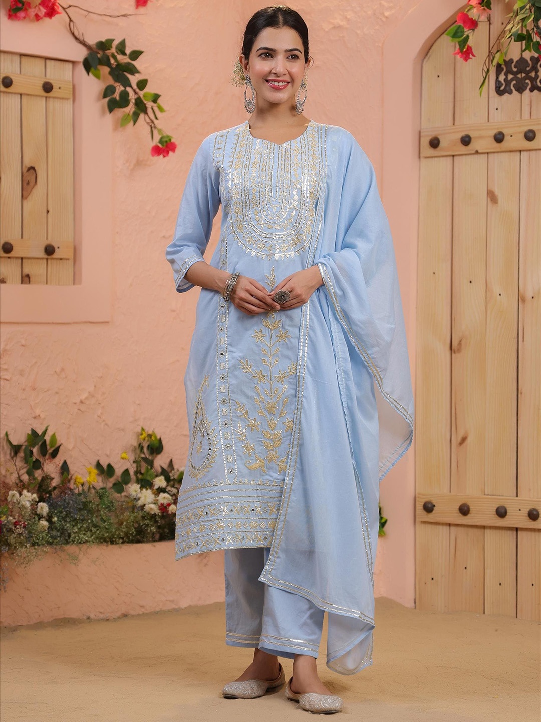 SCAKHI Floral Embroidered Regular Gotta Patti Pure Cotton Kurta with Trousers & Dupatta, Blue
SCAKHI Floral Embroidered Regular Gotta Patti Pure Cotton Kurta with Trousers & Dupatta, Blue
