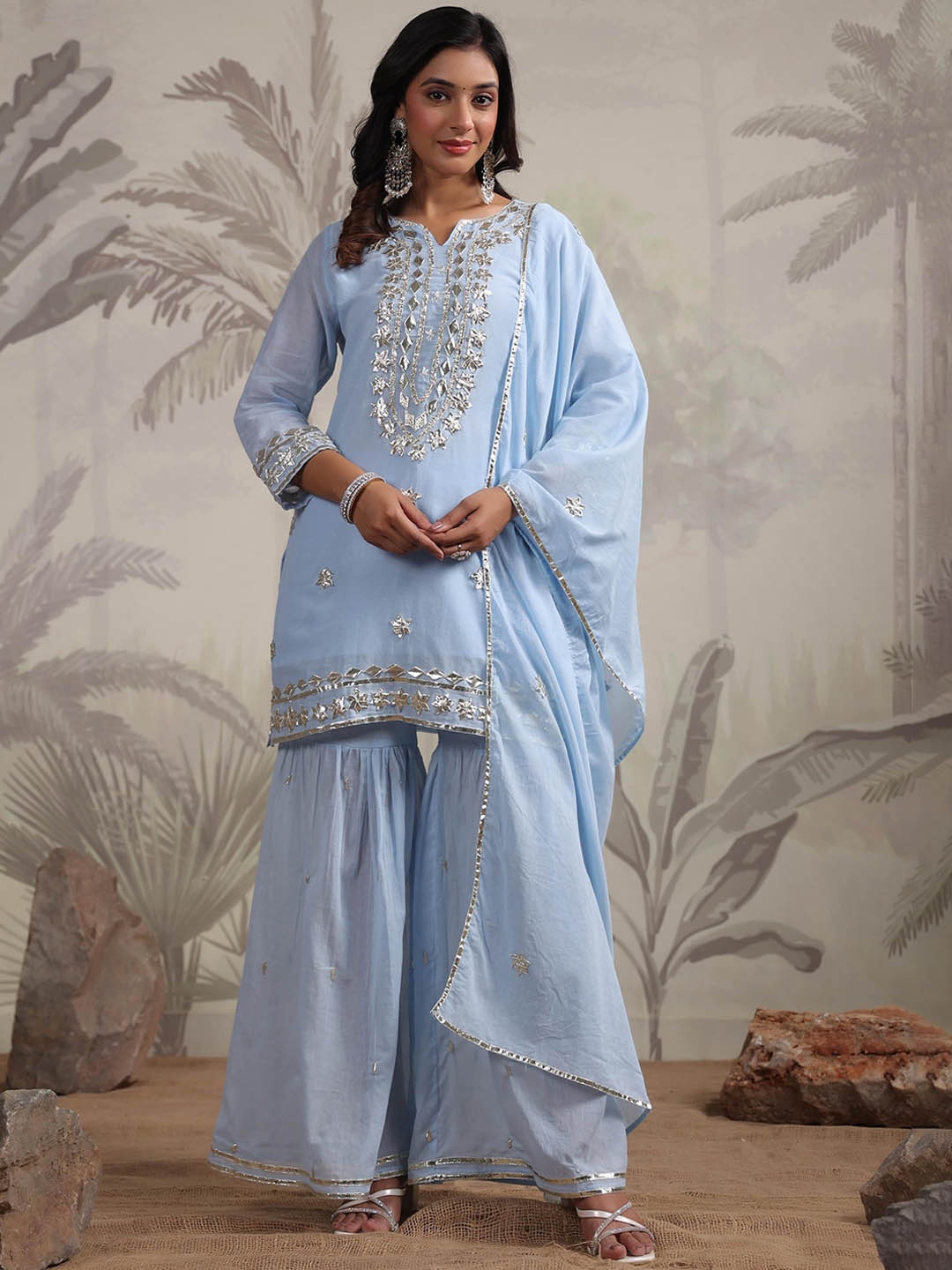 SCAKHI Ethnic Motifs Embroidered Gotta Patti Pure Cotton Kurti with Sharara & Dupatta, Blue
SCAKHI Ethnic Motifs Embroidered Gotta Patti Pure Cotton Kurti with Sharara & Dupatta, Blue