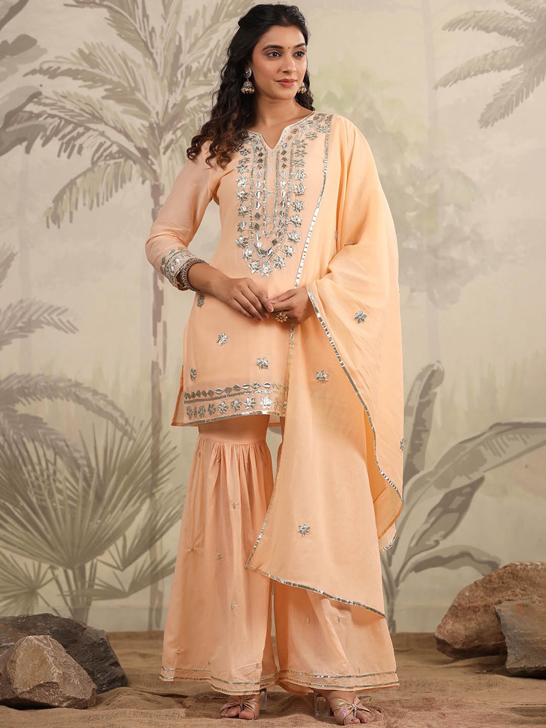 SCAKHI Floral Embroidered Regular Gotta Patti Pure Cotton Kurti with Sharara & Dupatta, Peach
SCAKHI Floral Embroidered Regular Gotta Patti Pure Cotton Kurti with Sharara & Dupatta, Peach
