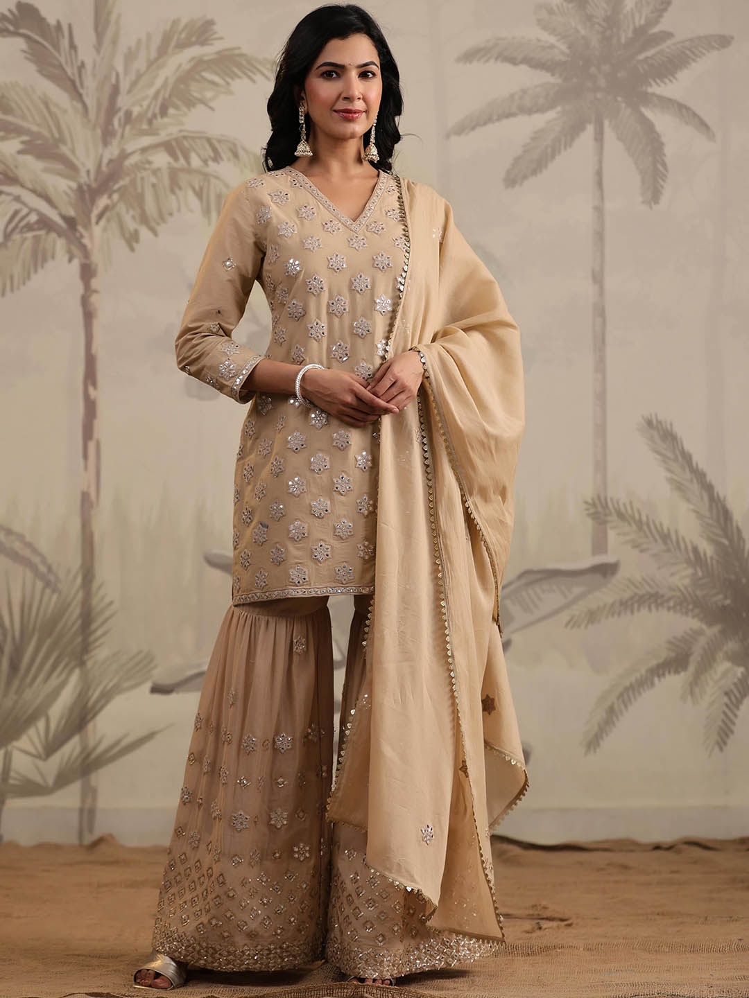 SCAKHI Embroidered Regular Mirror Work Pure Cotton Kurta with Sharara & Dupatta, Beige
SCAKHI Embroidered Regular Mirror Work Pure Cotton Kurta with Sharara & Dupatta, Beige