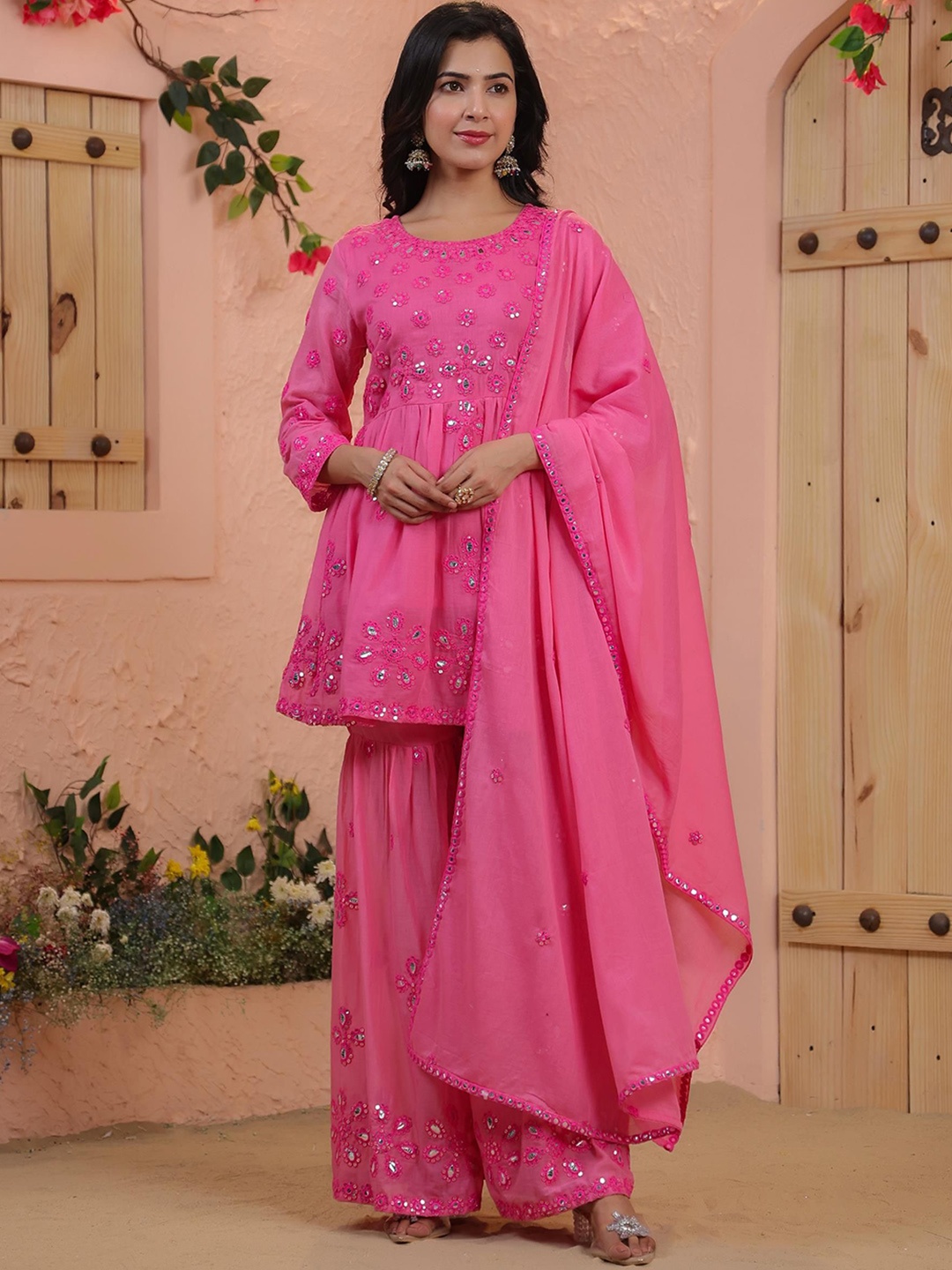 SCAKHI Embroidered Empire Mirror Work Pure Cotton Kurti with Sharara & With Dupatta, Coral
SCAKHI Embroidered Empire Mirror Work Pure Cotton Kurti with Sharara & With Dupatta, Coral