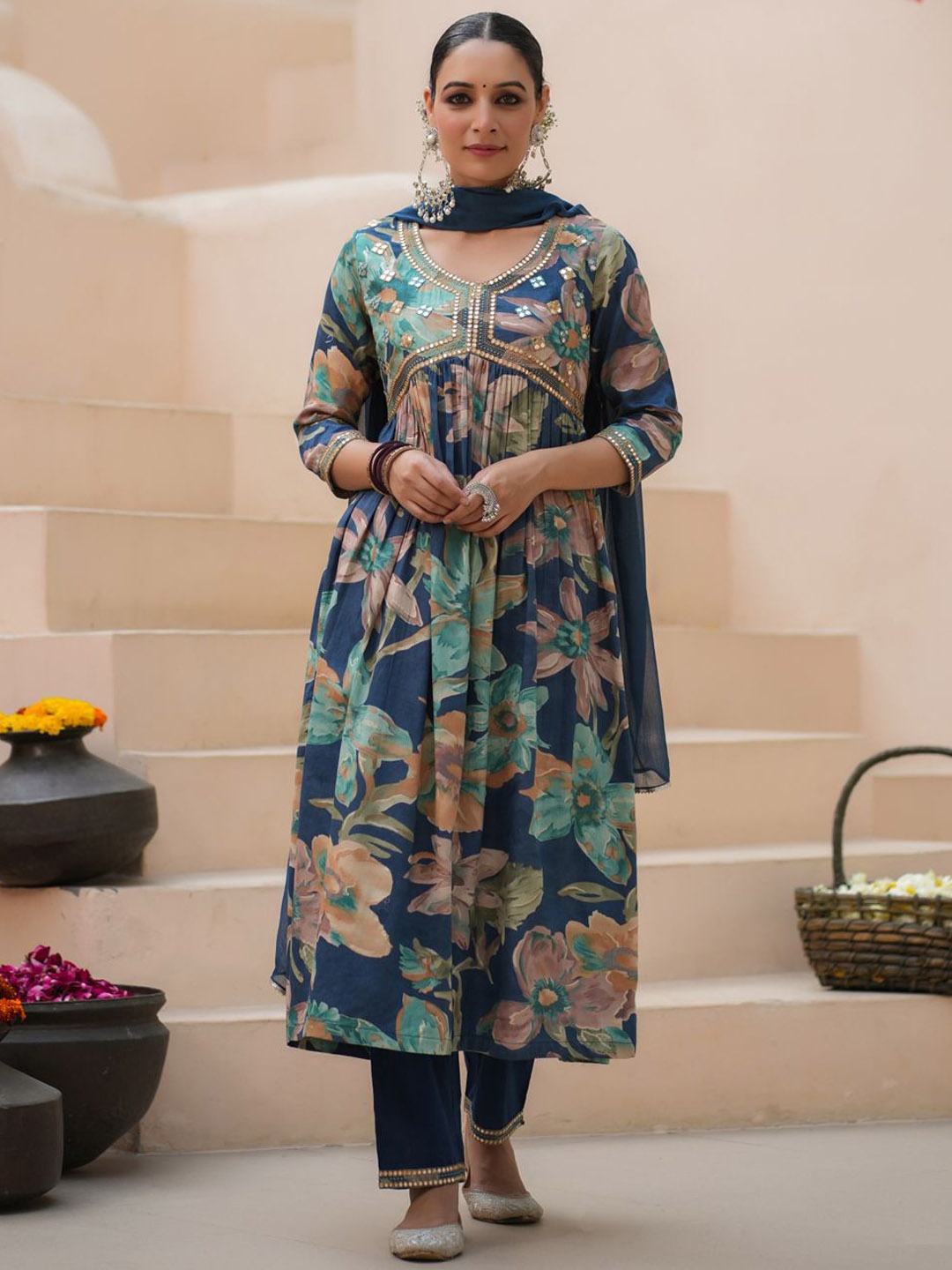 Rain & Rainbow Floral Printed Empire Mirror Work Pure Cotton Kurta with Trousers & Dupatta, Blue
Rain & Rainbow Floral Printed Empire Mirror Work Pure Cotton Kurta with Trousers & Dupatta, Blue
