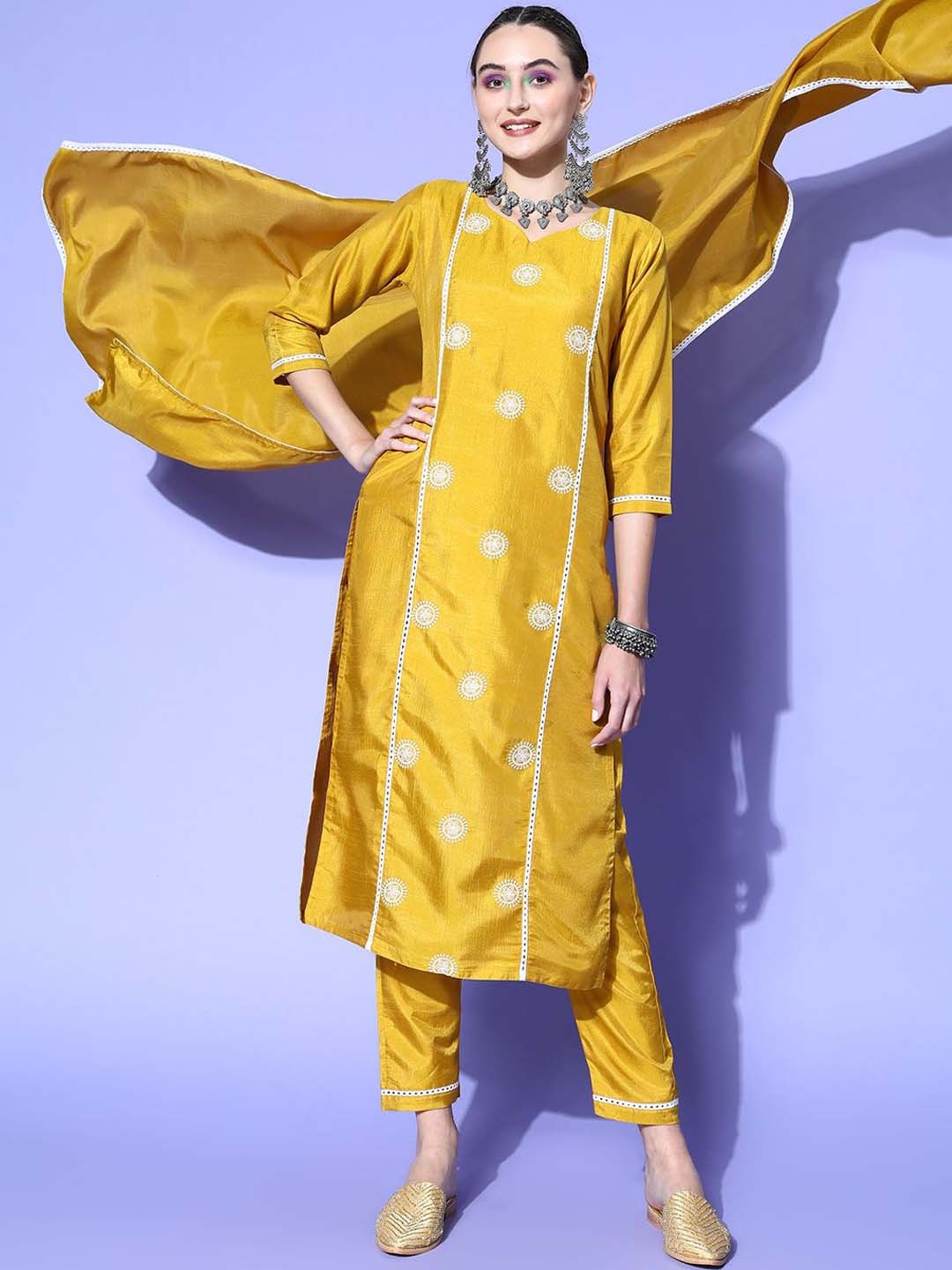 KALINI Floral Embroidered V-Neck Three-Quarter Sleeves Silk Chiffon Kurta Set, Yellow
KALINI Floral Embroidered V-Neck Three-Quarter Sleeves Silk Chiffon Kurta Set, Yellow