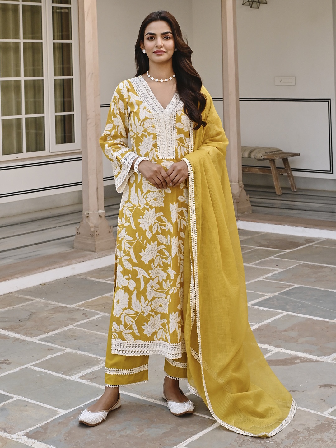 KARAJ JAIPUR Floral Printed Thread Work Pure Cotton Straight Kurta With Palazzos & Dupatta, Mustard
KARAJ JAIPUR Floral Printed Thread Work Pure Cotton Straight Kurta With Palazzos & Dupatta, Mustard