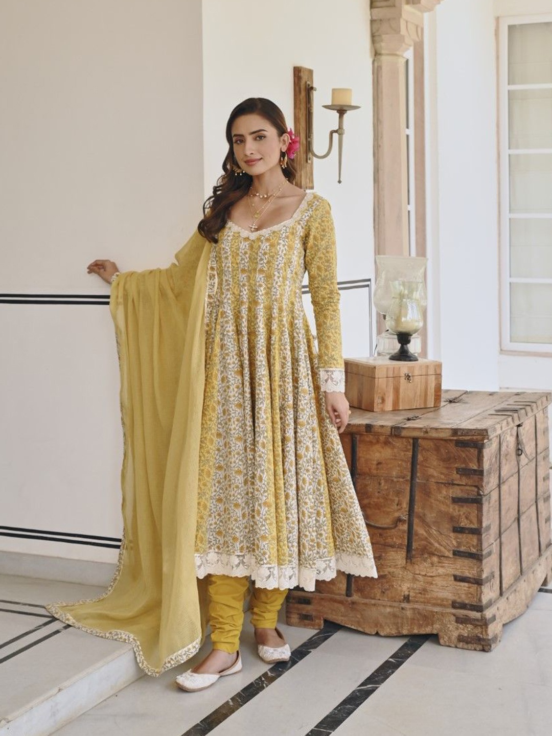 KARAJ JAIPUR Floral Printed Pure Cotton Anarkali Kurta With Trousers & Dupatta, Mustard
KARAJ JAIPUR Floral Printed Pure Cotton Anarkali Kurta With Trousers & Dupatta, Mustard