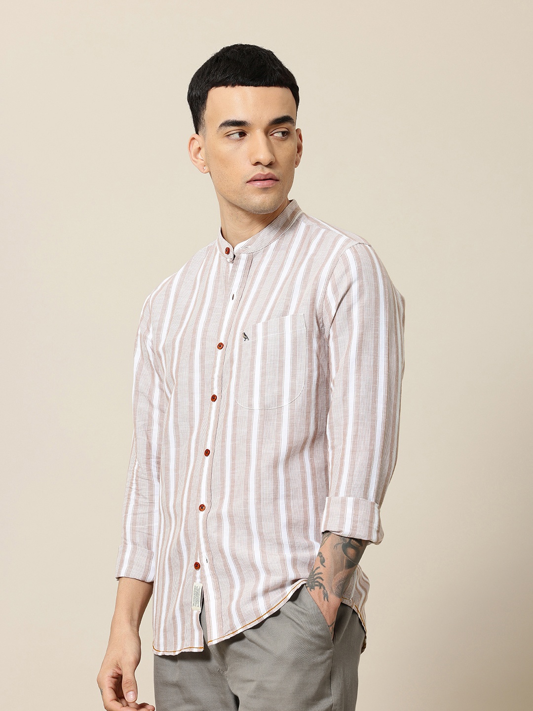 Mr Bowerbird Men Premium Tailored Fit Mandarin Collar Linen Cotton Striped Casual Shirt, Brown
Mr Bowerbird Men Premium Tailored Fit Mandarin Collar Linen Cotton Striped Casual Shirt, Brown