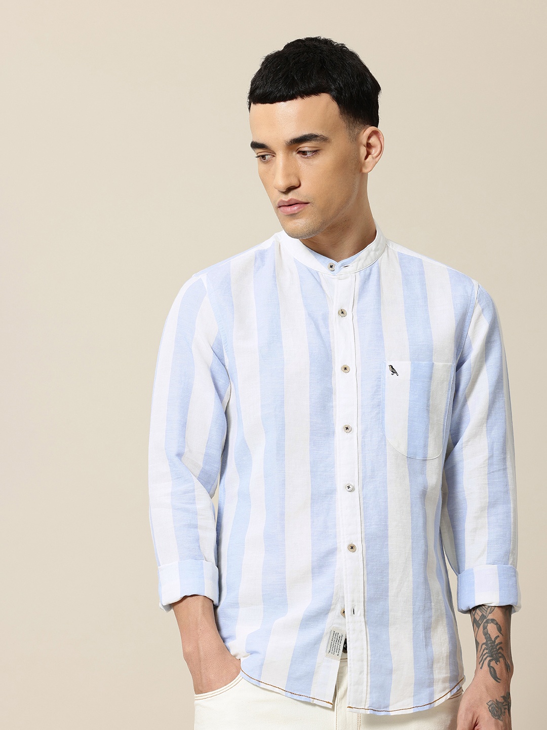 Mr Bowerbird Men Premium Tailored Fit Mandarin Collar Linen Cotton Striped Casual Shirt, Blue
Mr Bowerbird Men Premium Tailored Fit Mandarin Collar Linen Cotton Striped Casual Shirt, Blue