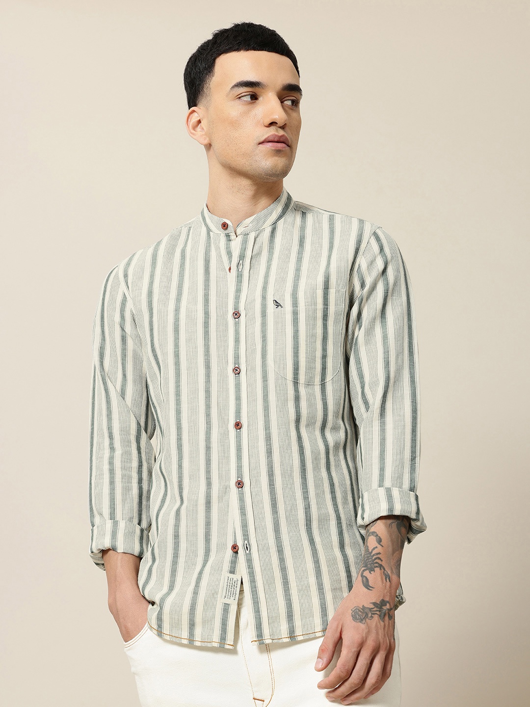 Mr Bowerbird Men Premium Tailored Fit Mandarin Collar Linen Cotton Striped Casual Shirt, Green
Mr Bowerbird Men Premium Tailored Fit Mandarin Collar Linen Cotton Striped Casual Shirt, Green