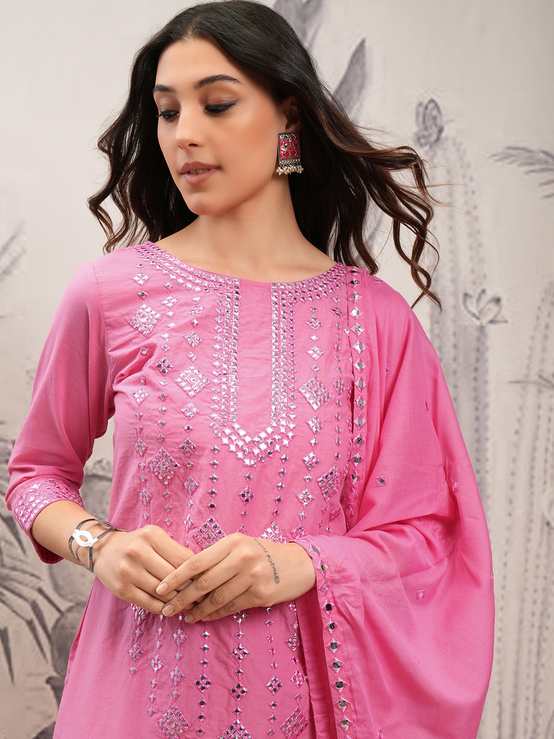 Vishudh Coral Embroidered Mirror Work Pure Cotton Straight Kurta With Trousers & Dupatta
Vishudh Coral Embroidered Mirror Work Pure Cotton Straight Kurta With Trousers & Dupatta