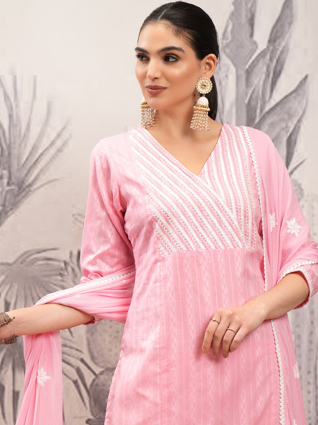 Vishudh Pink Yoke Design Thread Work Pure Cotton Straight Kurta With Trousers & Dupatta
Vishudh Pink Yoke Design Thread Work Pure Cotton Straight Kurta With Trousers & Dupatta
