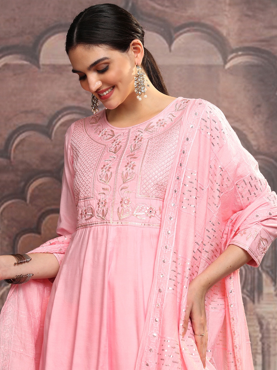 Vishudh Pink Ethnic Motifs Yoke Design Sequinned Anarkali Kurta With Trousers & Dupatta
Vishudh Pink Ethnic Motifs Yoke Design Sequinned Anarkali Kurta With Trousers & Dupatta
