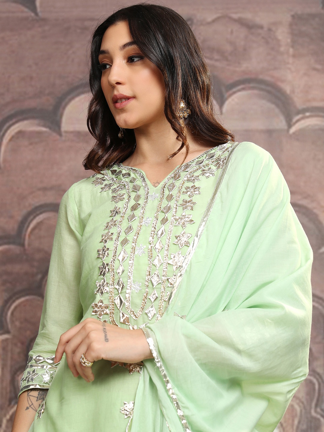 Vishudh Green Embroidered Gotta Patti Pure Cotton Straight Kurti With Sharara & Dupatta
Vishudh Green Embroidered Gotta Patti Pure Cotton Straight Kurti With Sharara & Dupatta