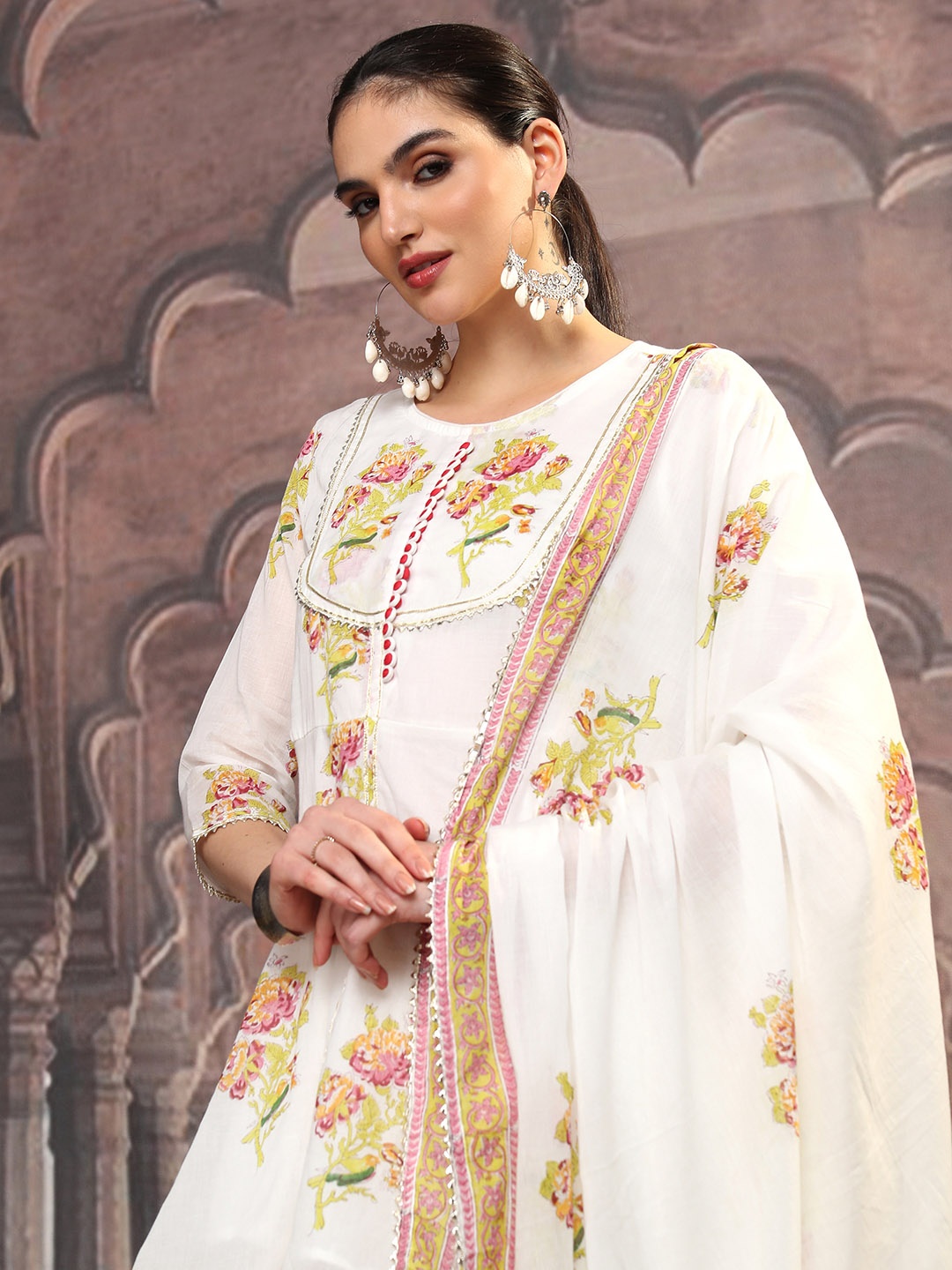 Vishudh White Floral Printed Gotta Patti Pure Cotton A-Line Kurta With Sharara & Dupatta
Vishudh White Floral Printed Gotta Patti Pure Cotton A-Line Kurta With Sharara & Dupatta