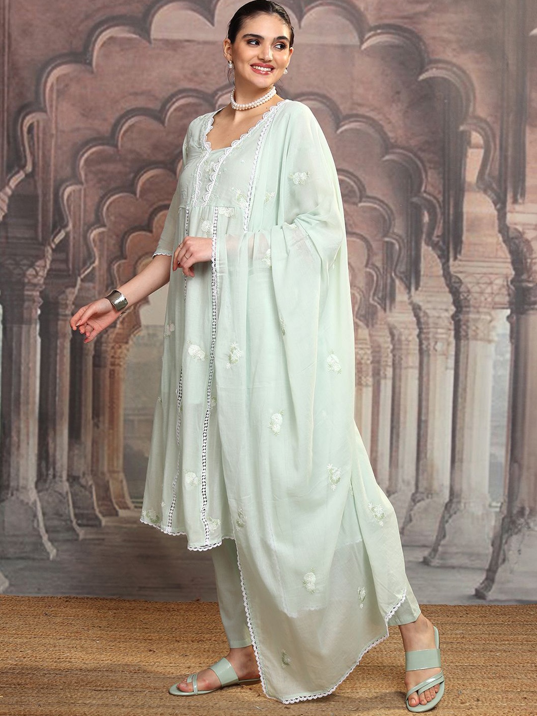 Vishudh Green Embroidered Thread Work Pure Cotton Anarkali Kurta With Trousers & Dupatta
Vishudh Green Embroidered Thread Work Pure Cotton Anarkali Kurta With Trousers & Dupatta