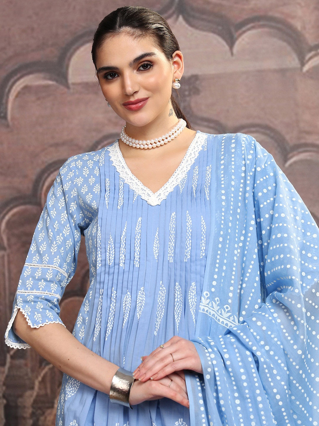 Vishudh Blue Ethnic Motifs Print Pleated Pure Cotton Anarkali Kurta With Trouser & Dupatta
Vishudh Blue Ethnic Motifs Print Pleated Pure Cotton Anarkali Kurta With Trouser & Dupatta