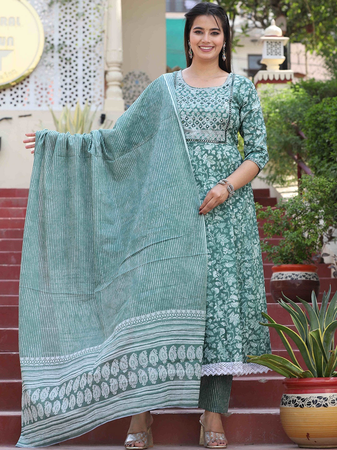 SINGNI Round Neck Ethnic Embroidered Mirror Work Cotton Kurta with Trouser & Dupatta, Green
SINGNI Round Neck Ethnic Embroidered Mirror Work Cotton Kurta with Trouser & Dupatta, Green