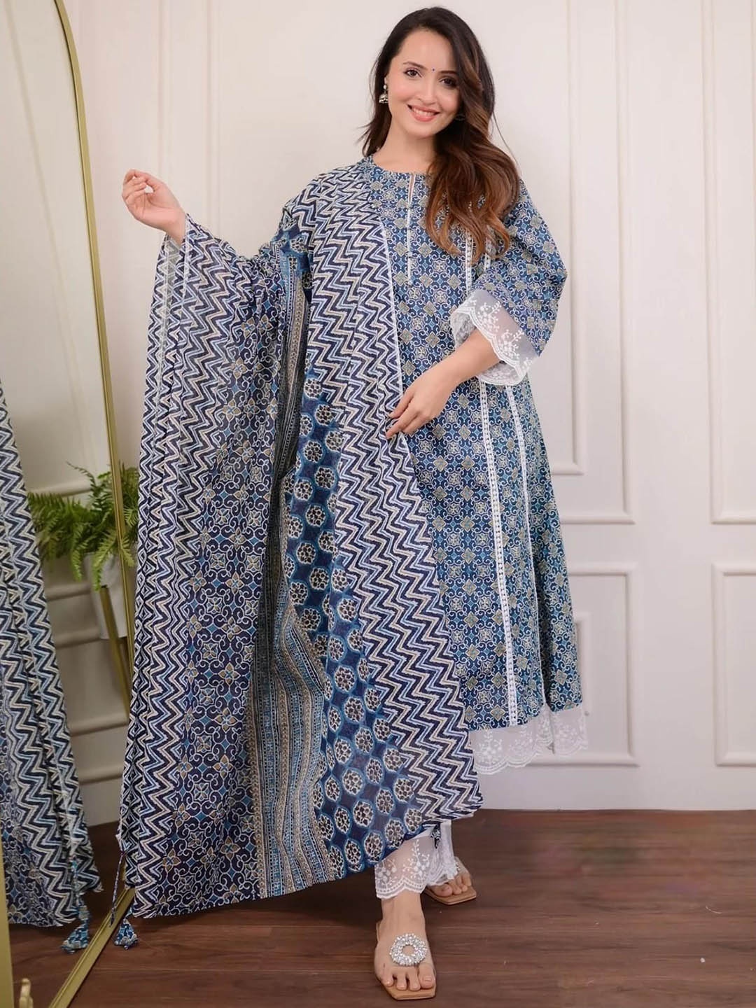 KALINI Ethnic Motifs Printed Anarkali Pure Cotton Kurta with Palazzos & With Dupatta, Blue
KALINI Ethnic Motifs Printed Anarkali Pure Cotton Kurta with Palazzos & With Dupatta, Blue