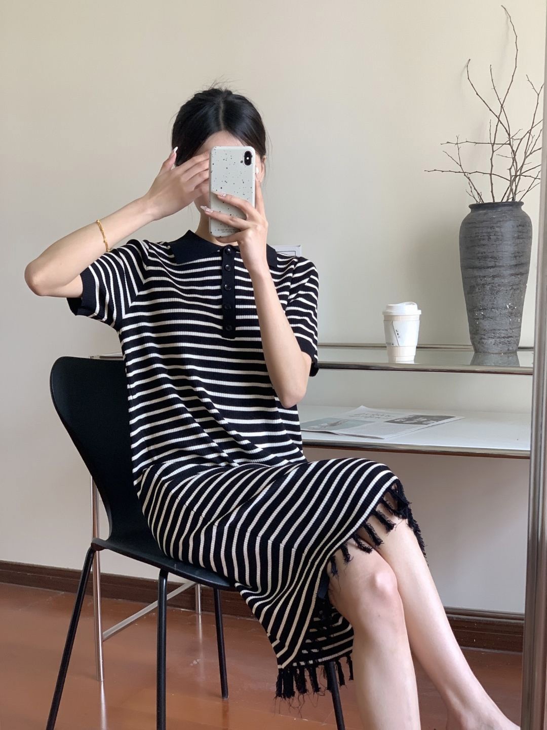 StyleCast Black White Shirt Collar Striped T-shirt Dress