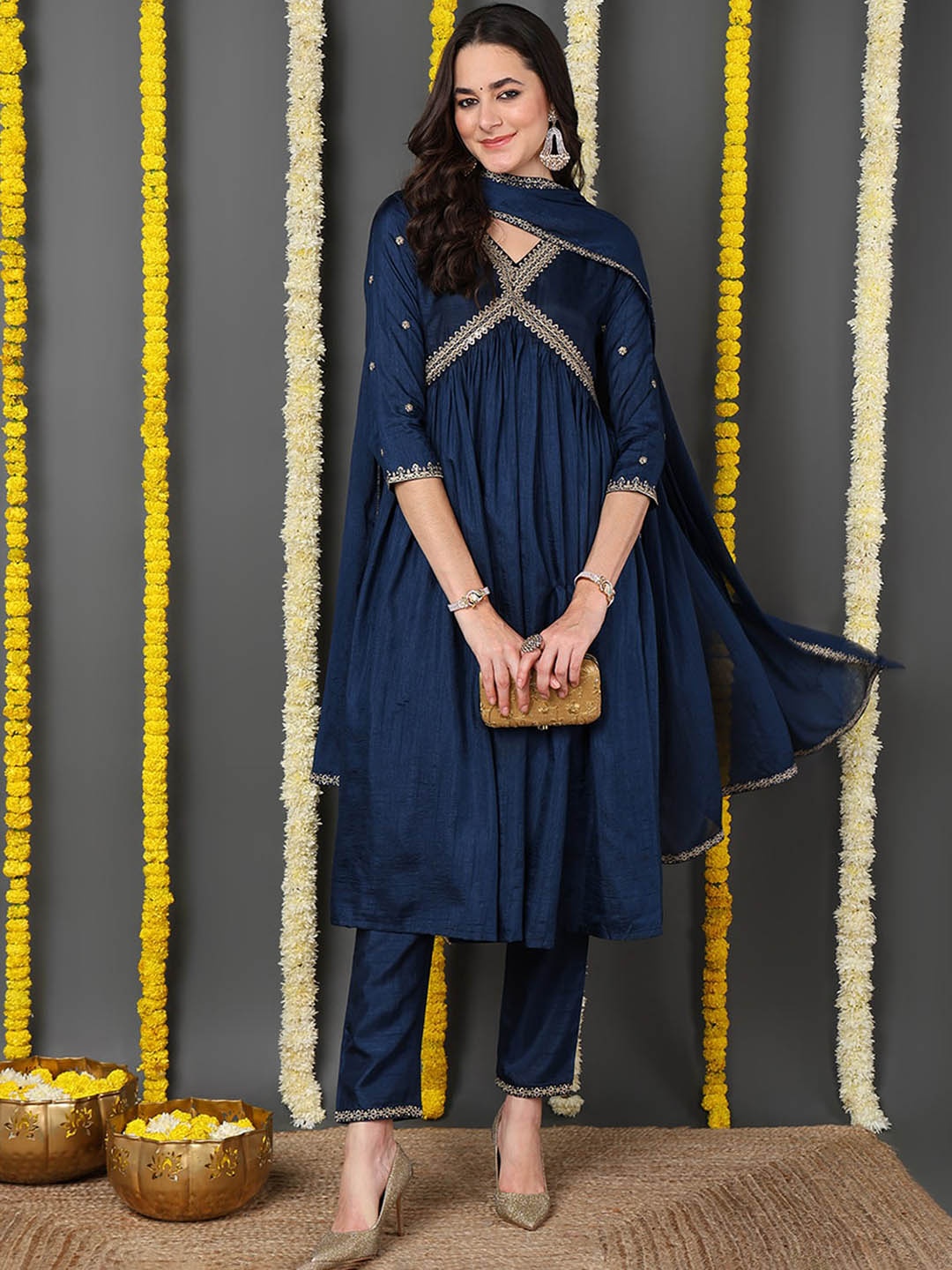 KALINI Embroidered Empire Thread Work Kurta with Trousers & With Dupatta, Navy blue
KALINI Embroidered Empire Thread Work Kurta with Trousers & With Dupatta, Navy blue
