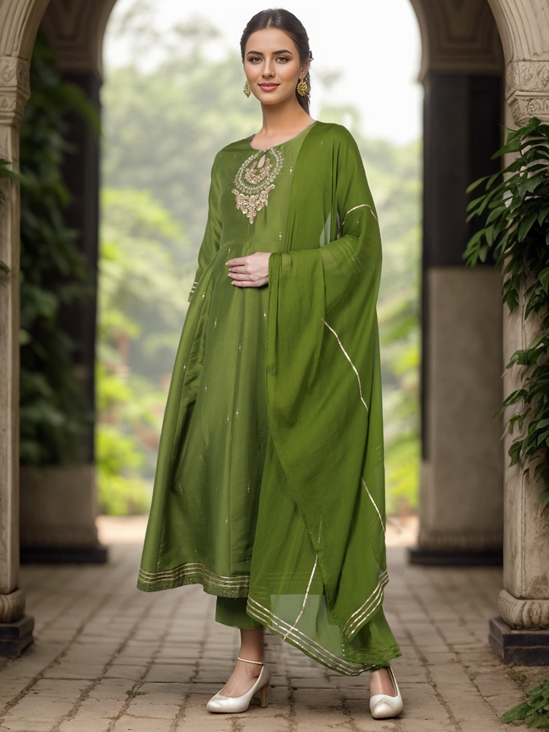 KALINI Floral Embroidered Keyhole Neck Anarkali Kurta with Trousers & With Dupatta, Green
KALINI Floral Embroidered Keyhole Neck Anarkali Kurta with Trousers & With Dupatta, Green
