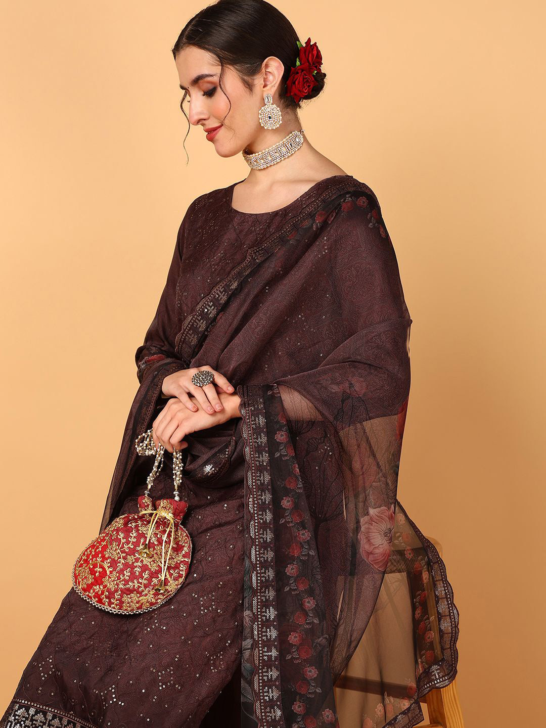 KALINI Ethnic Motifs Embroidered Sequinned Straight Kurta with Trousers & Dupatta, Brown
KALINI Ethnic Motifs Embroidered Sequinned Straight Kurta with Trousers & Dupatta, Brown