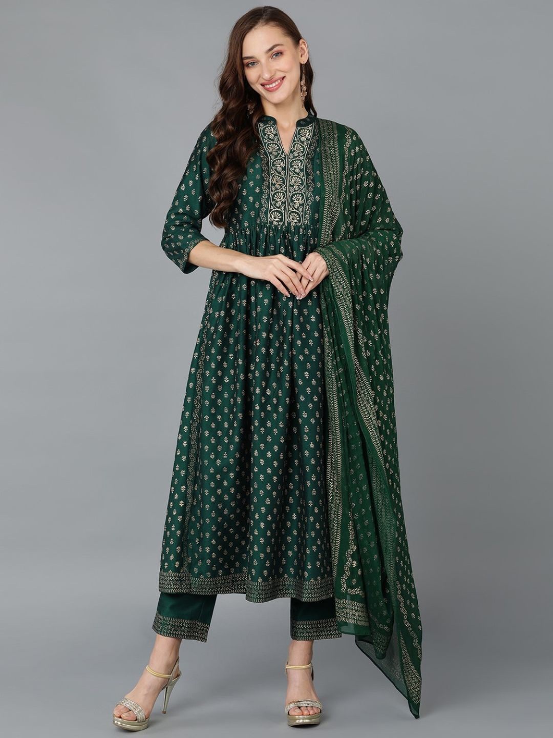 KALINI Floral Embroidered Empire Thread Work Kurta with Trousers & With Dupatta, Green
KALINI Floral Embroidered Empire Thread Work Kurta with Trousers & With Dupatta, Green