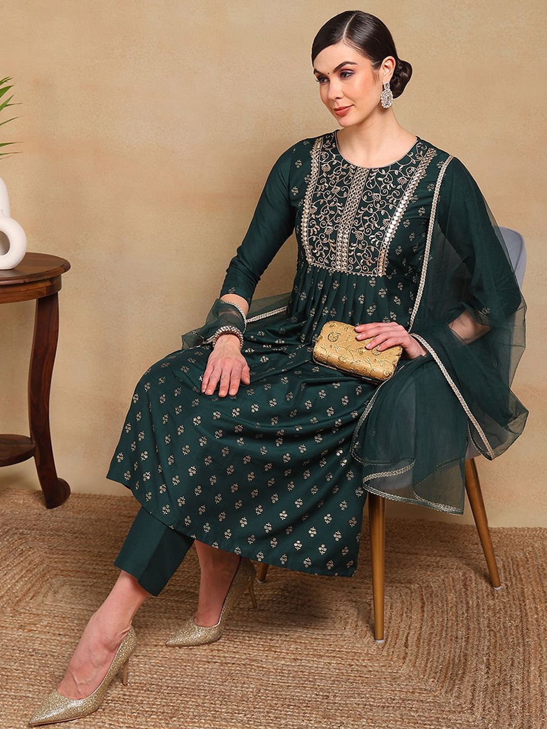 KALINI Ethnic Motifs Embroidered Empire Mirror Work Kurta with Trousers & Dupatta, Green
KALINI Ethnic Motifs Embroidered Empire Mirror Work Kurta with Trousers & Dupatta, Green