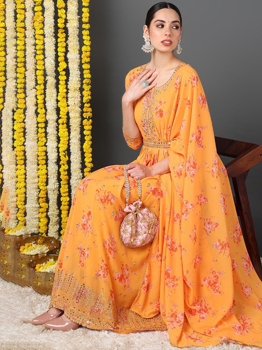 KALINI Floral Printed Sequinned Georgette Anarkali Kurta with Trousers & Dupatta, Orange
KALINI Floral Printed Sequinned Georgette Anarkali Kurta with Trousers & Dupatta, Orange